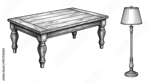 A vintage furniture set with an antique wooden table and a classic floor lamp. Hand-drawn vector illustration in an engraving style, perfect for interior design concepts.