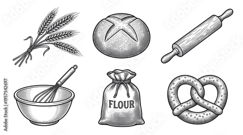 A set of vintage baking icons in a hand-drawn engraving style. Includes wheat, bread, flour, and pretzel. Perfect for bakery logos, menus, and packaging design.