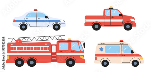Emergency vehicle concept set for kids. Flat vector collection with police car, fire truck, ambulance and rescue pickup for children and urban.