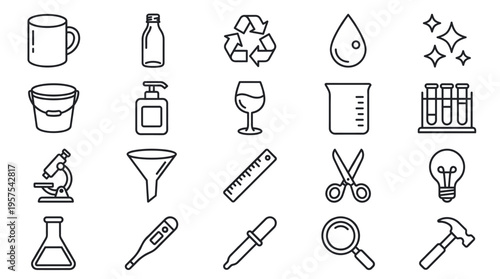 A versatile set of black outline icons. Includes science, lab, and household objects. Perfect for web design, apps, and educational materials. Minimalist vector illustration.