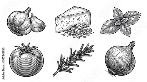 Set of Italian cooking ingredients in a vintage, engraved style. Includes tomato, garlic, basil, onion, cheese, rosemary. Perfect for menus, packaging, and culinary branding.