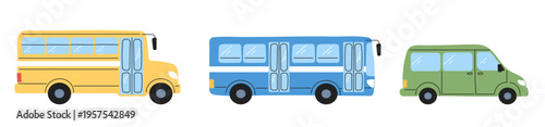 Public transport set for kids. Flat vector collection featuring school bus, city bus and minibus for children and urban traffic.