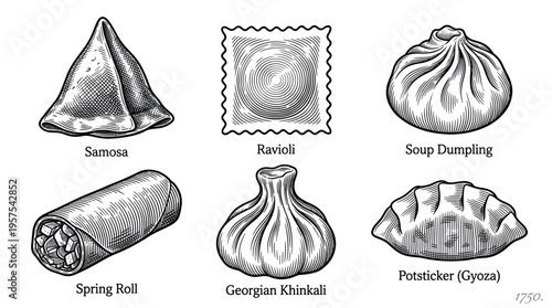A vintage set of international food illustrations. This collection features dumplings from various cuisines in a retro engraving style, perfect for menus and culinary branding.
