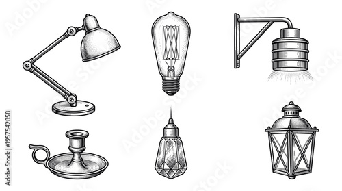 A set of six vintage light fixtures, including lamps, bulbs, and a lantern. Hand-drawn in a classic engraving style. Perfect for retro or industrial design projects.