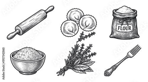 Set of vintage cooking ingredients and utensils. Hand-drawn engraving style icons for restaurant menus, packaging, or culinary branding. Includes flour, ravioli, herbs, rice.