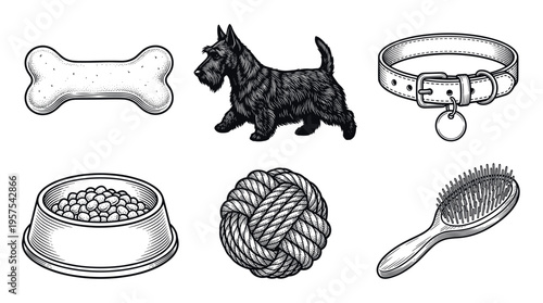 A vintage-style illustration set of a Scottish Terrier dog and pet care accessories. Includes a bone, collar, food, toy, and brush. Perfect for pet shop or grooming logos.