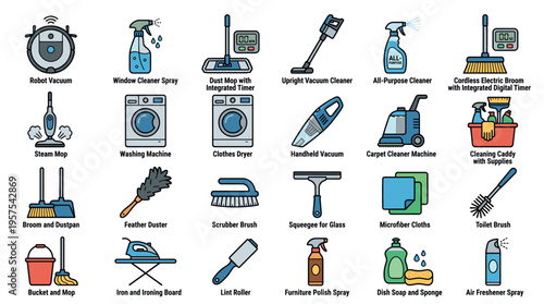 Colorful vector icon set of household cleaning tools and supplies. Perfect for housekeeping service websites, infographics, cleaning guides, or promotional materials.