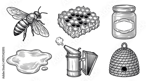A vintage set of engraved beekeeping icons. Includes bee, honeycomb, honey jar, beehive, and smoker. Ideal for organic farm product branding, packaging design, and apiary logos.