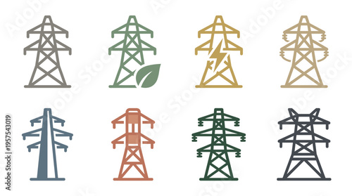 A set of colorful power line tower vector icons. Includes green energy and electricity symbols. Minimalist design for industry infographics, web, or energy sector presentations.
