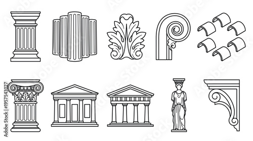 Set of ancient greek architecture elements. Vector line art icons of columns, temples, and ornaments for design, education, or historical projects. Classic and elegant style.