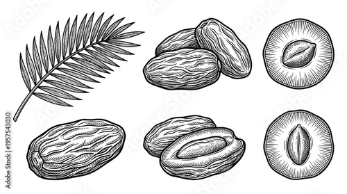 Vintage set of hand drawn date fruits and palm leaf. Engraving style sketch illustration for organic food packaging, healthy recipes, or botanical design. Black and white vector.
