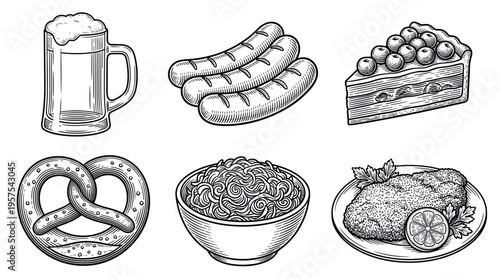 A set of hand-drawn German food icons in a vintage engraving style. Includes beer, sausage, pretzel, and schnitzel. Perfect for Oktoberfest menus or restaurant design.