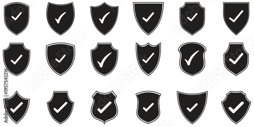 Shield check mark icon or security shield protection icon with tick symbol. green security shield icon