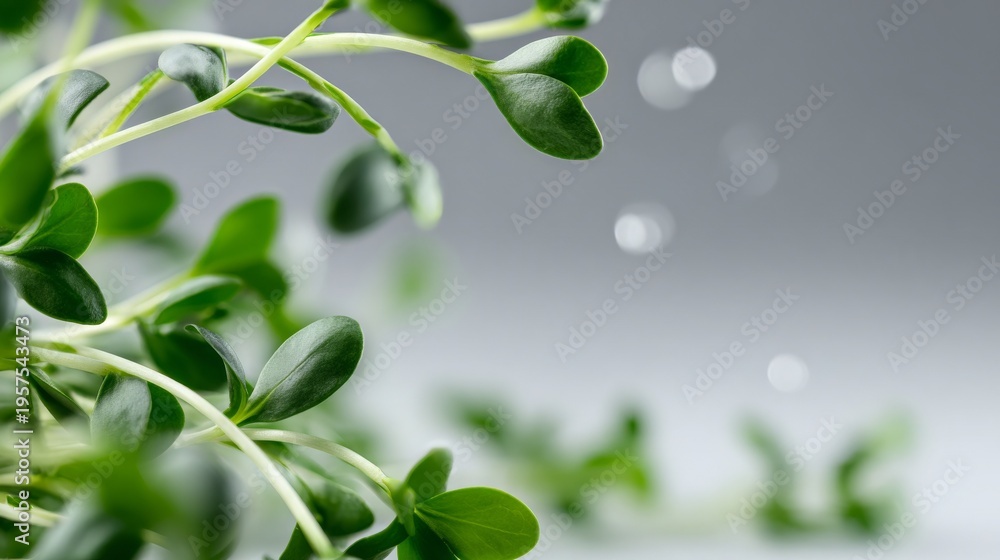 Obraz premium Close-up of fresh green sprouts glistening with droplets against a soft gray background.