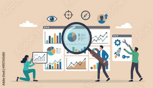 Data analysis and optimization SEO, marketing research user customer behavior, analyze business concept, business people using magnifier tools analyze chart graph