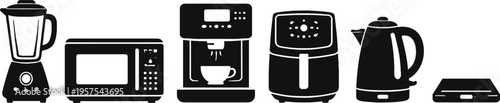 Modern Kitchen Appliances Silhouette Set Featuring Blender Microwave Coffee Machine Air Fryer Kettle and Smart 