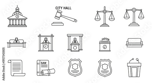Collection of legal and justice icons representing law and order concepts.