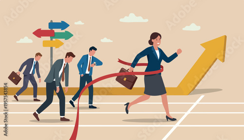 Woman success story, female leadership to business victory gender equality, feminism win competition concept, confident businesswoman finishing win or competition over men colleague