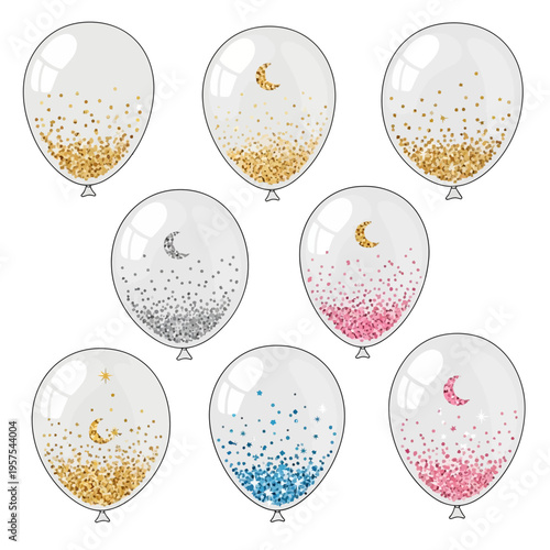 Clear Balloons with Glitter, Moon and Star Accents - Festive Party Decorations