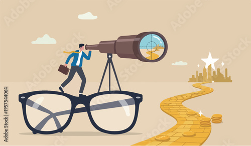 Clear business clarity transparency discover success looking business opportunity, precision or accuracy concept, businessman climb up big eyeglasses vision telescope