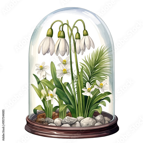 Watercolor white snowdrop flowers in a glass cloche terrarium