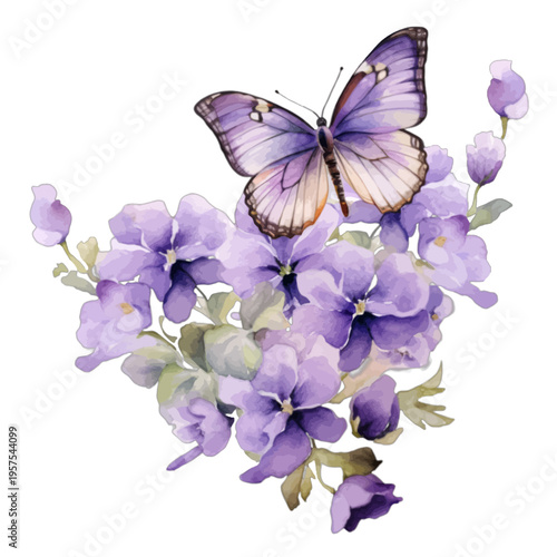 Watercolor purple pansy flower bouquet with violet butterfly