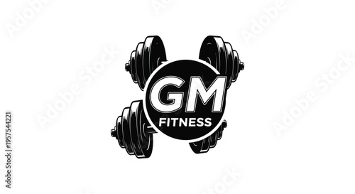 A black silhouette logo features weightlifting equipment and the letters gm with fitness below silhouette high quality professional detailed modern elegant