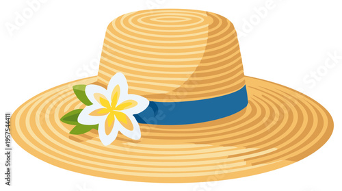 Elegant Straw Sunhat Featuring a White Flower and Blue Ribbon for Summer Fashion and Protection