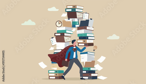 Handle busy work, manage workload complete multitasks within deadline, organize paperwork documents, effective productive concept, businessman superhero carry load paperwork documents