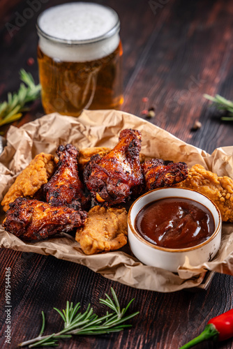 Schilderij op canvas Chicken wings with barbecue sauce and beer on table