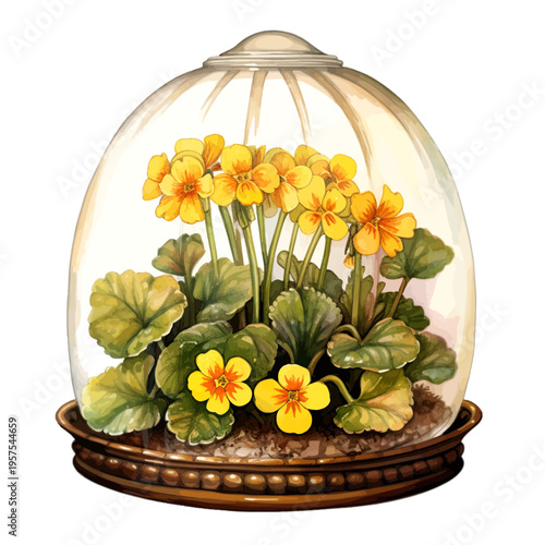 Watercolor yellow primrose flowers in a glass cloche terrarium