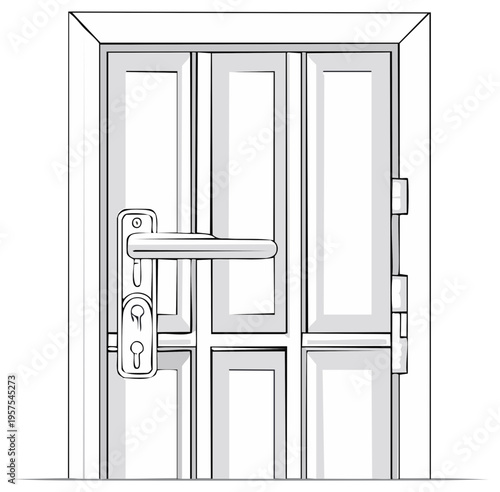 Illustration of Rectangular Panelled Front Door with Handle and Lock Mechanism