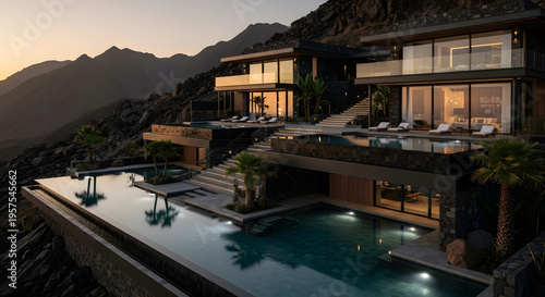A luxury tropical resort features a modern hotel building with a swimming pool reflecting the night sky and lush palm trees for a relaxing summer vacation
