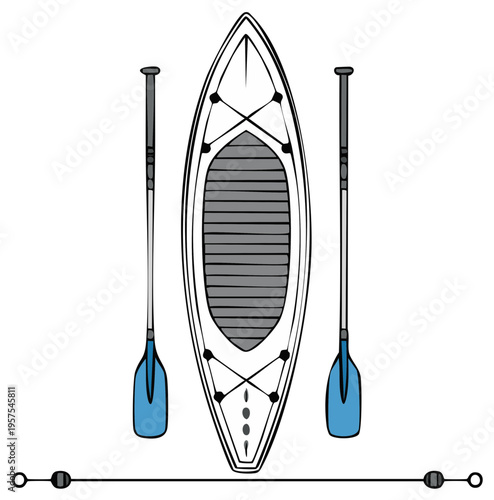 Hand drawn vector illustration of a stand up paddleboard set with board paddles and leash