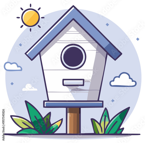 Cute cartoon birdhouse with sun clouds and green plants in a whimsical style