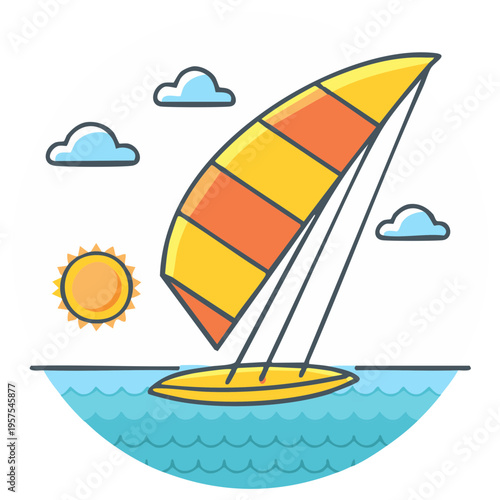 Colorful cartoon windsurfing sailboard on the ocean on a bright sunny day vector illustration