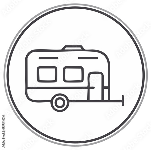 Simple line art icon of a travel trailer or caravan for camping and road trip adventures