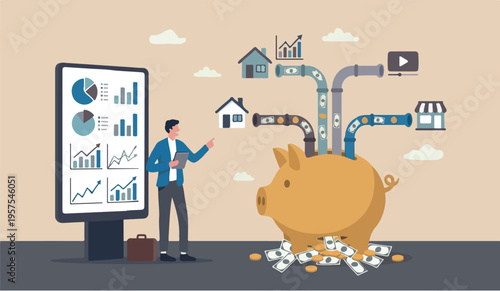 Multiple streams in the data analysis ncome, passive income or revenue from invest in multi assets, side hustles to make money concept, rich businessman standing with multi cash flow from pipe into