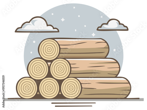 Pile of Logs Stacked with Clouds and Snowflakes for Campfire Themes or Lumber Icons