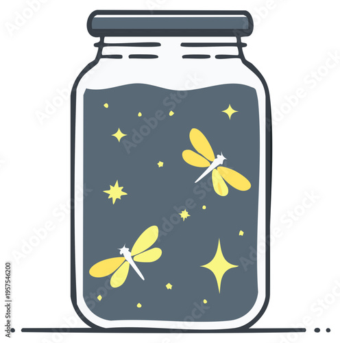 Whimsical mason jar glows with fireflies and stars, conjuring a magical summer evening