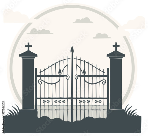 Elegant wrought iron gates with ornate details and cross symbols, enclosed by stylized landscape under cloudy sky, an invitation concept.
