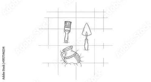 Archaeological Dig Site Line Art Featuring Ancient Pottery Jar Artifact with Excavation Tools Like Brush and Trowel on a Research Grid Map, Minimalist Vector Illustration for History and Science.