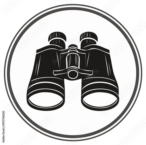 Isolated Binoculars Icon in Round Frame, Search Symbol, Vision Tool, Spyglass, Optical Instrument