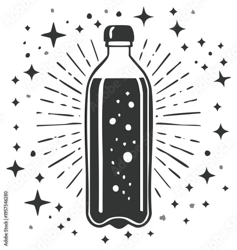 Soda bottle with bubbles and starburst design vector illustration