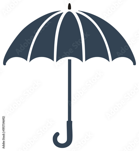 Simple dark blue umbrella with a curved handle and open canopy on a white background