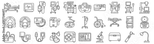 Medical equipment line icon set. Hospital bed, ventilator, defibrillator, MRI, CT scanner, ultrasound, syringe pump, wheelchair, microscope outline vector illustrations. Signs for healthcare devices.