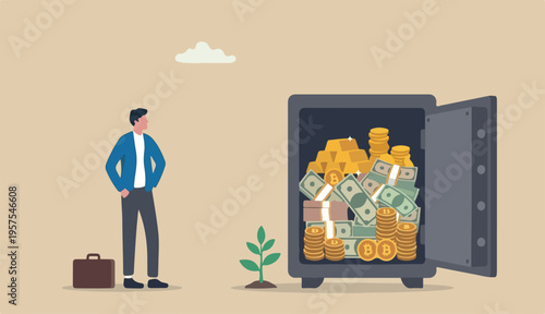 Alternative financial assets, crypto currency bitcoin, cash gold too investment retirement plan concept, businessman investor to standing security safe full cash, gold bitcoin inside