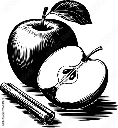 Black and white of a whole apple half apple and cinnamon stick white background fruit