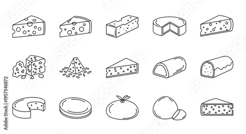 Cheese Line Icon Set Outline Dairy Food Vector Collection with Wedges Blocks Wheels Minimal Isolated