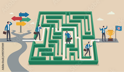 Path achieve target or goal and win trophy, solve problem or business decision concept, contemplation businessman finding the way in labyrinth to reach target